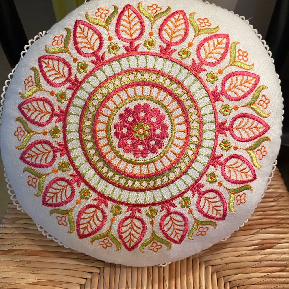 Round Embroidered Pillow with Floral Design Boho